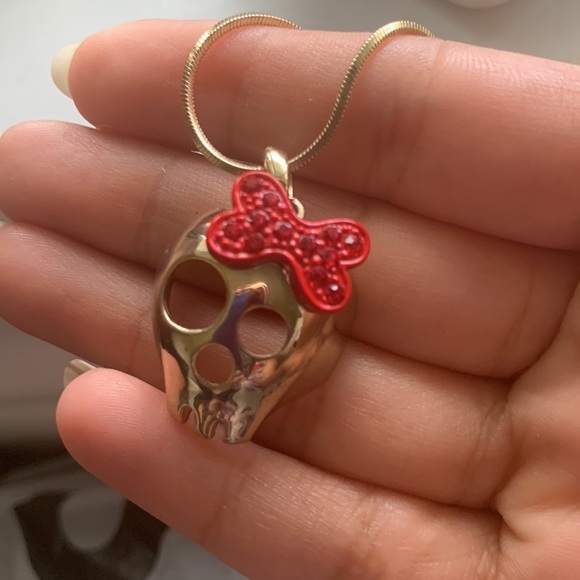 Skull necklace Gold skull with red bow Brazilian Gold - Picture 3 of 7